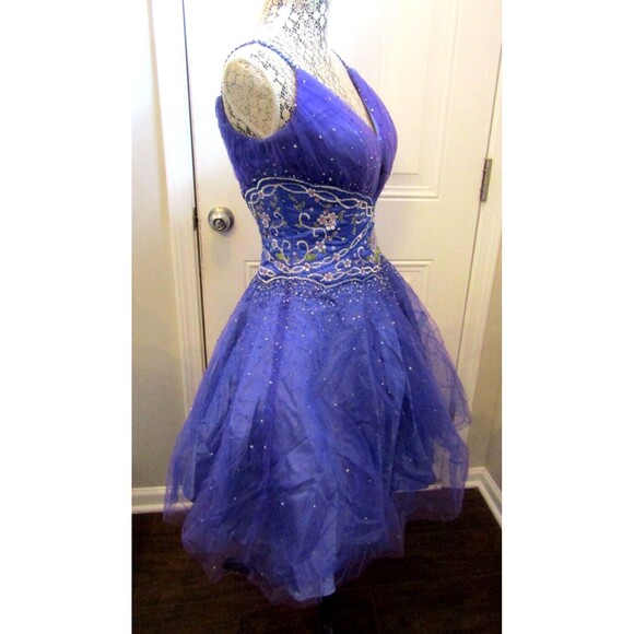 Le Gala by Mon Cheri Cocktail Dress Purple Beaded Sequined Bridesmaid Prom Sz 8 - Picture 6 of 9
